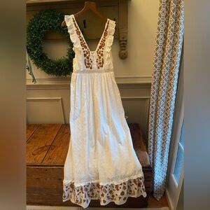 Allison brand (anthropology) off white maxi Dress with amber brown Embroidery